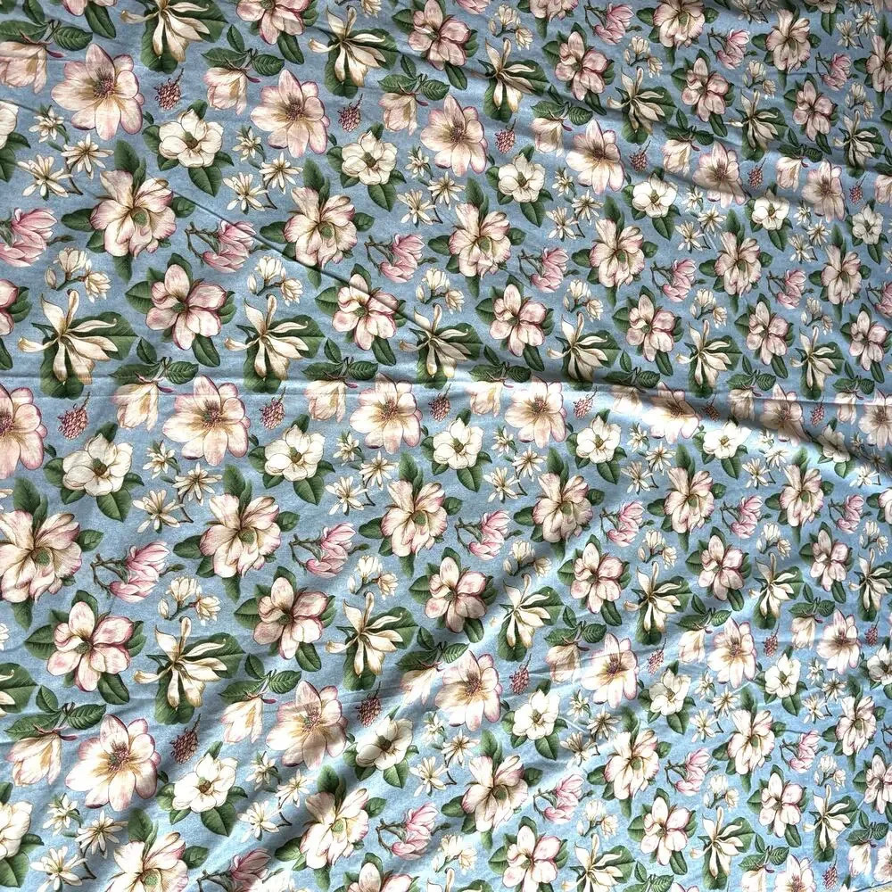 Blue & pink magnolia flowers tablecloth with greenery farmhouse cottage cabin